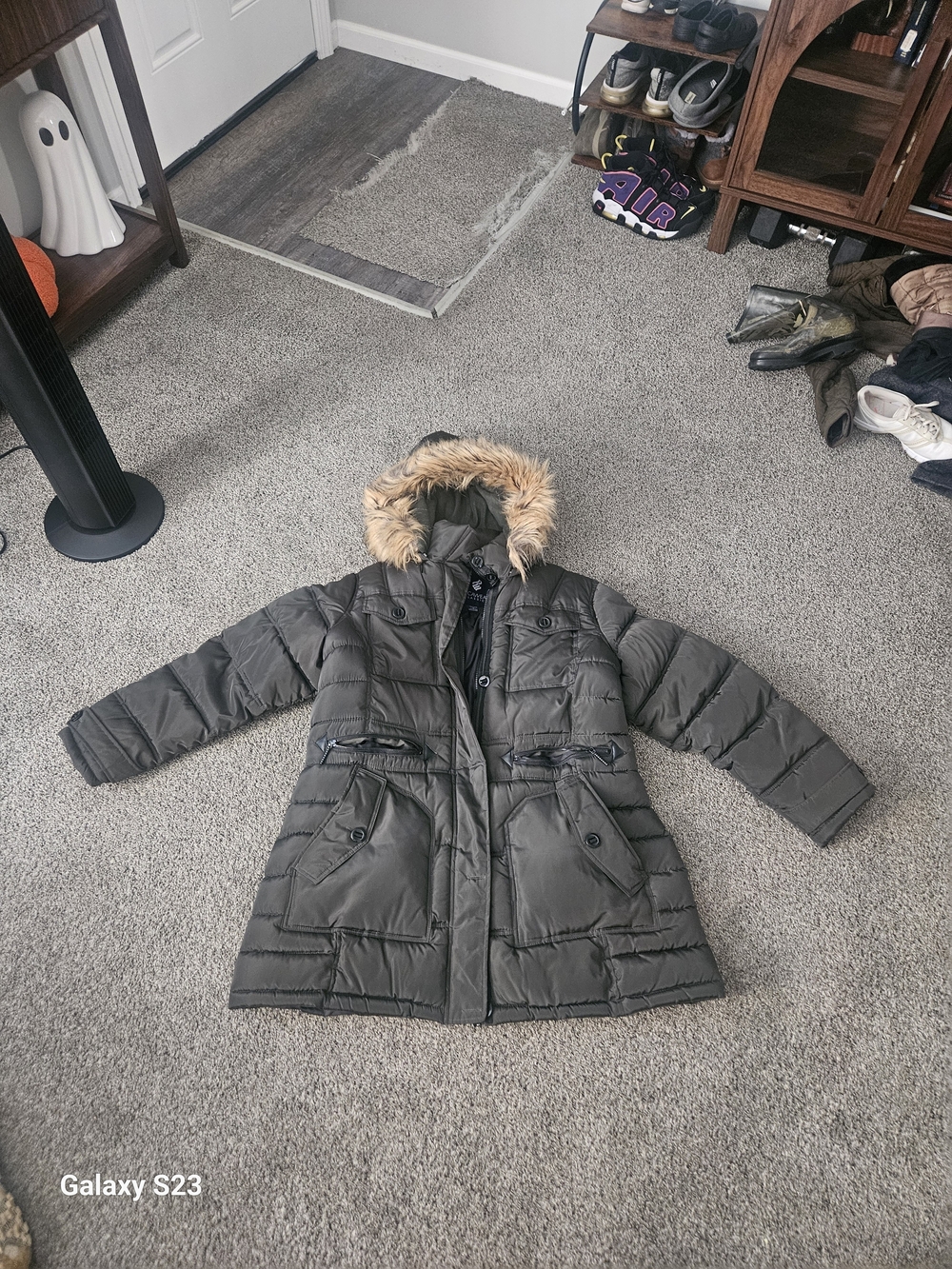 Rocawear Olive Green Quilted Puffer Coat with Faux Fur Trim